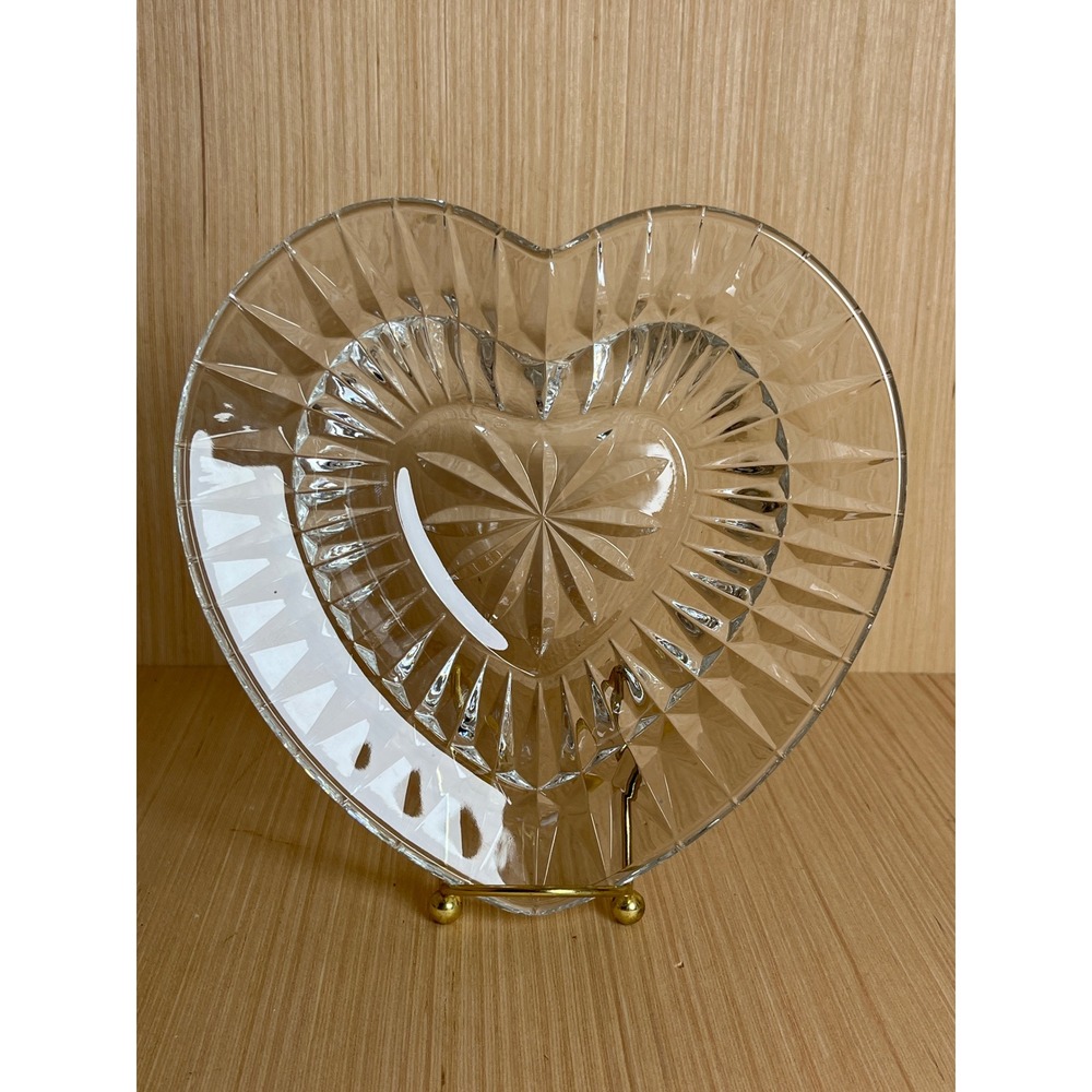 Vintage Heart Shaped Clear Cut Glass Dish Sunburst Center Candy Trinket Bowl